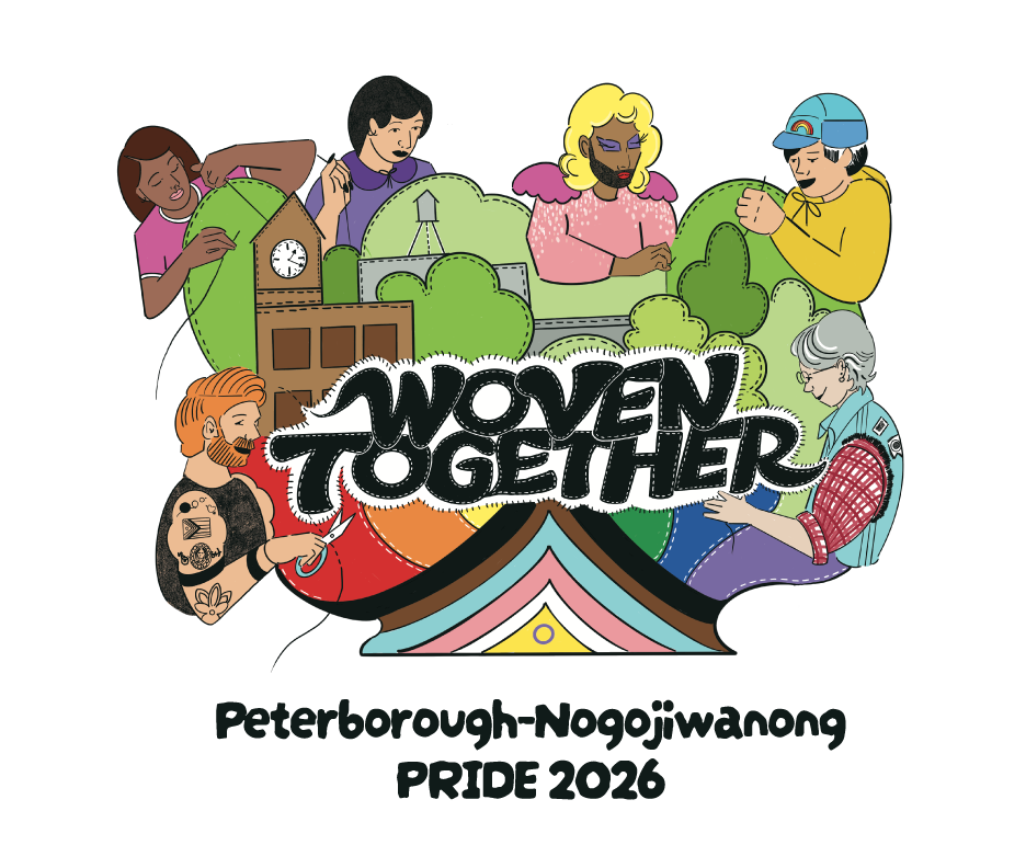 Illustration of Community members weaving together a quilt made of parts of Peterborough with the text Woven Together in the centre.